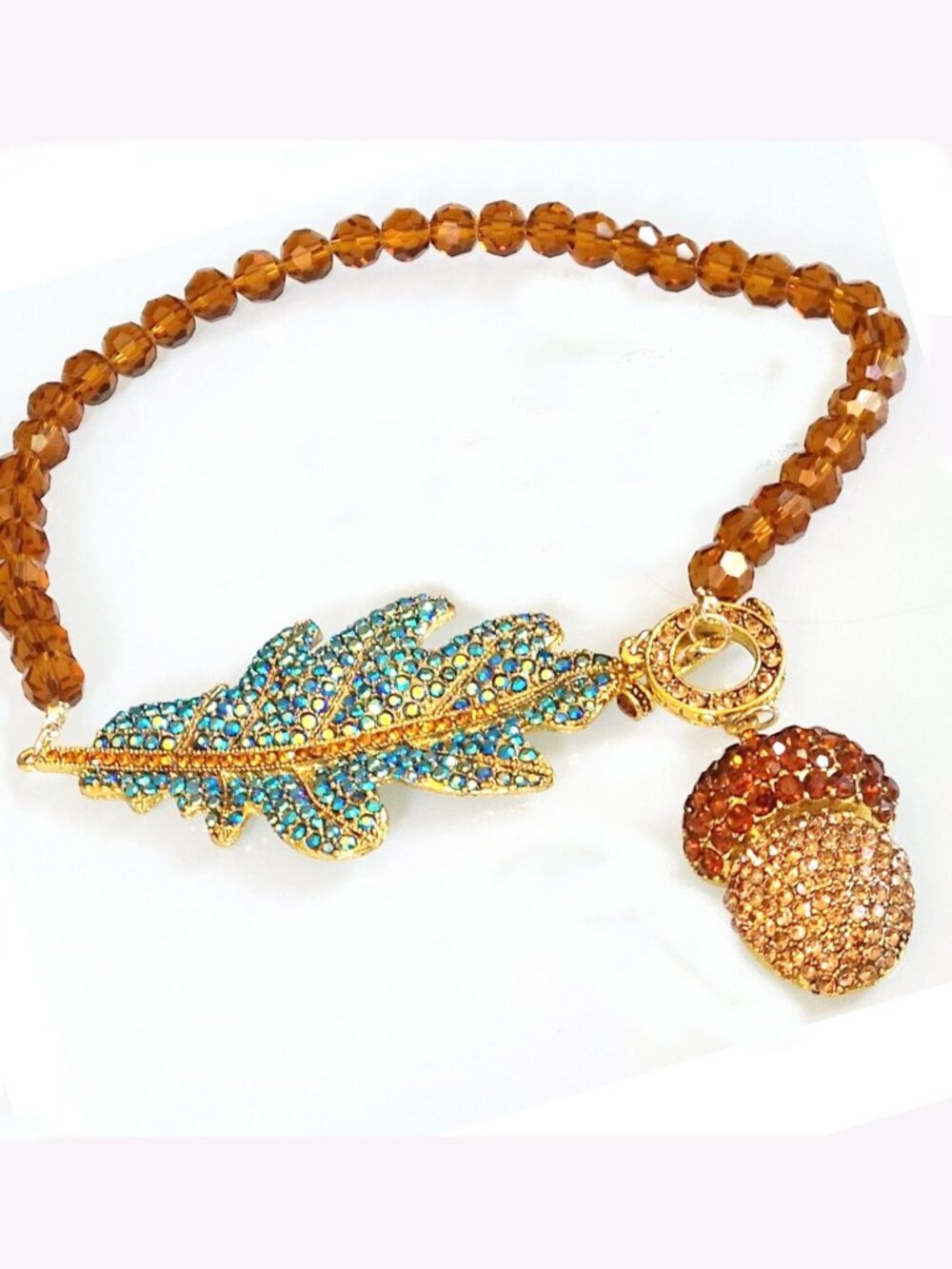 Acorn Toggle Necklace Leaf Amber Tone Glass Beads Rhinestones NWOT Perfect 33032 - Picture 2 of 8